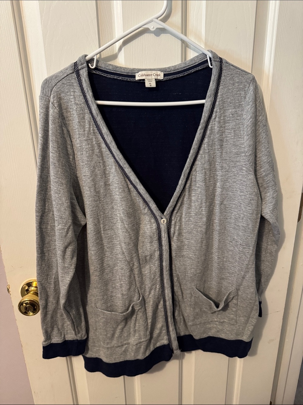 Coldwater Creek Gray Cardigan with Navy Trim